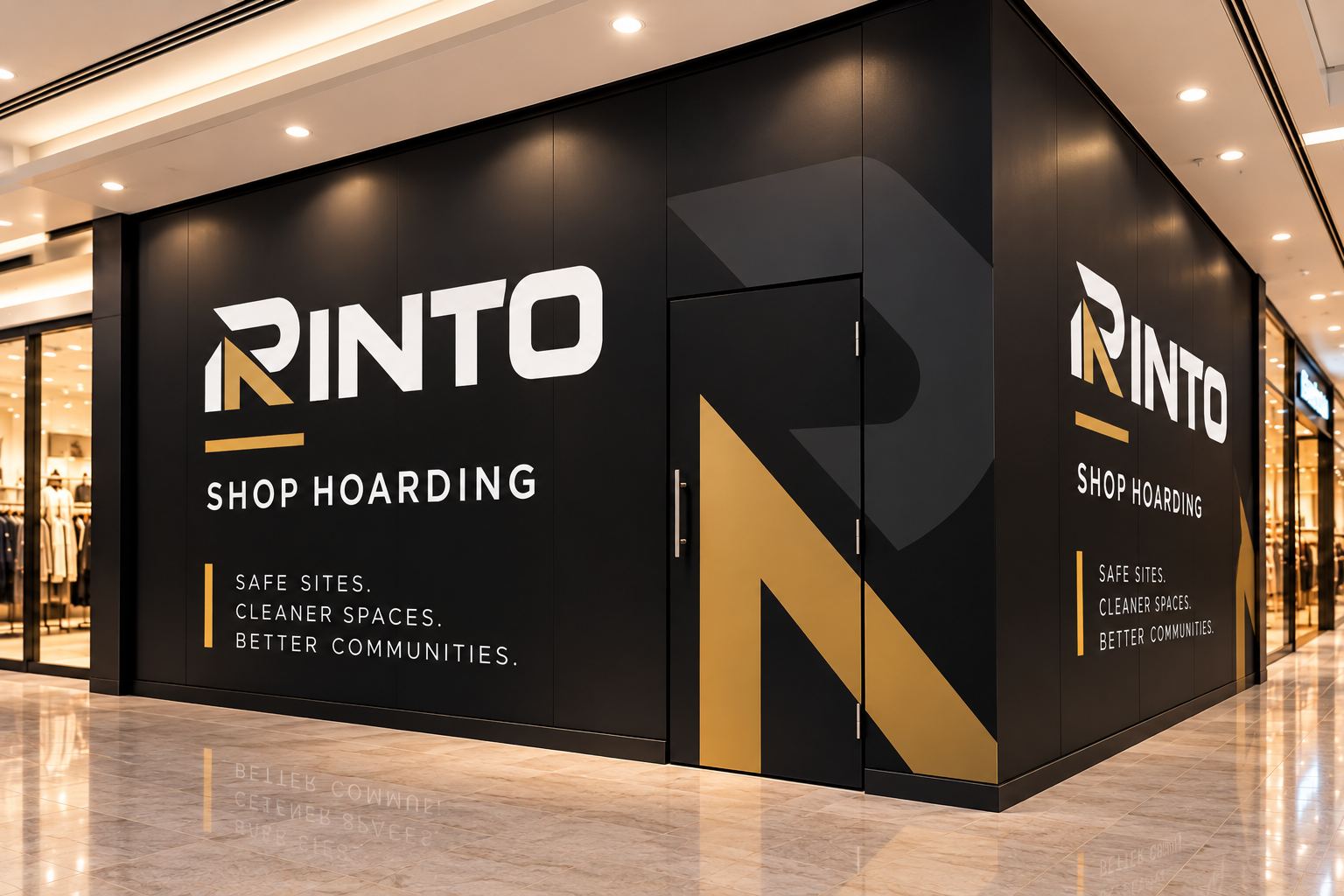 Black Rinto shop hoarding with large gold R graphic in a shopping centre