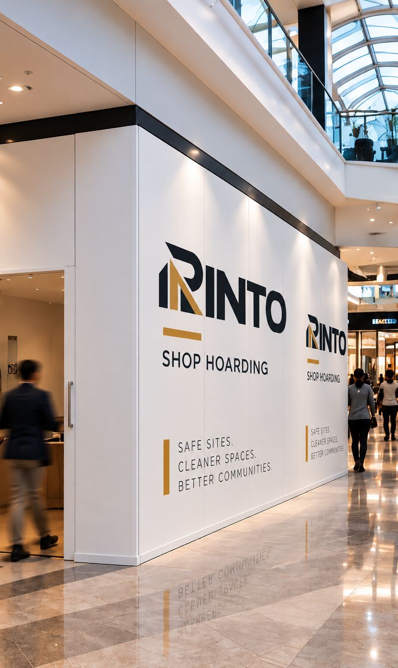 Full-height white Rinto shop hoarding in a shopping centre