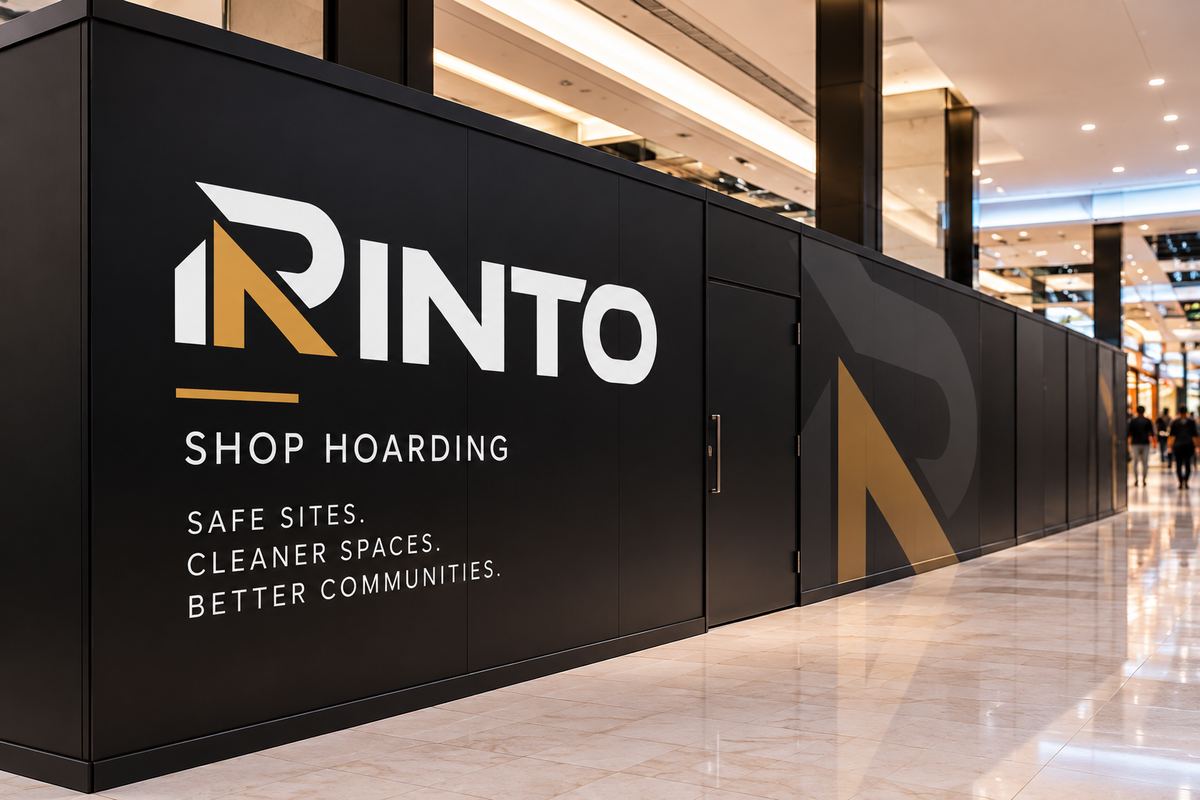 Long run of black Rinto shop hoarding with a service door