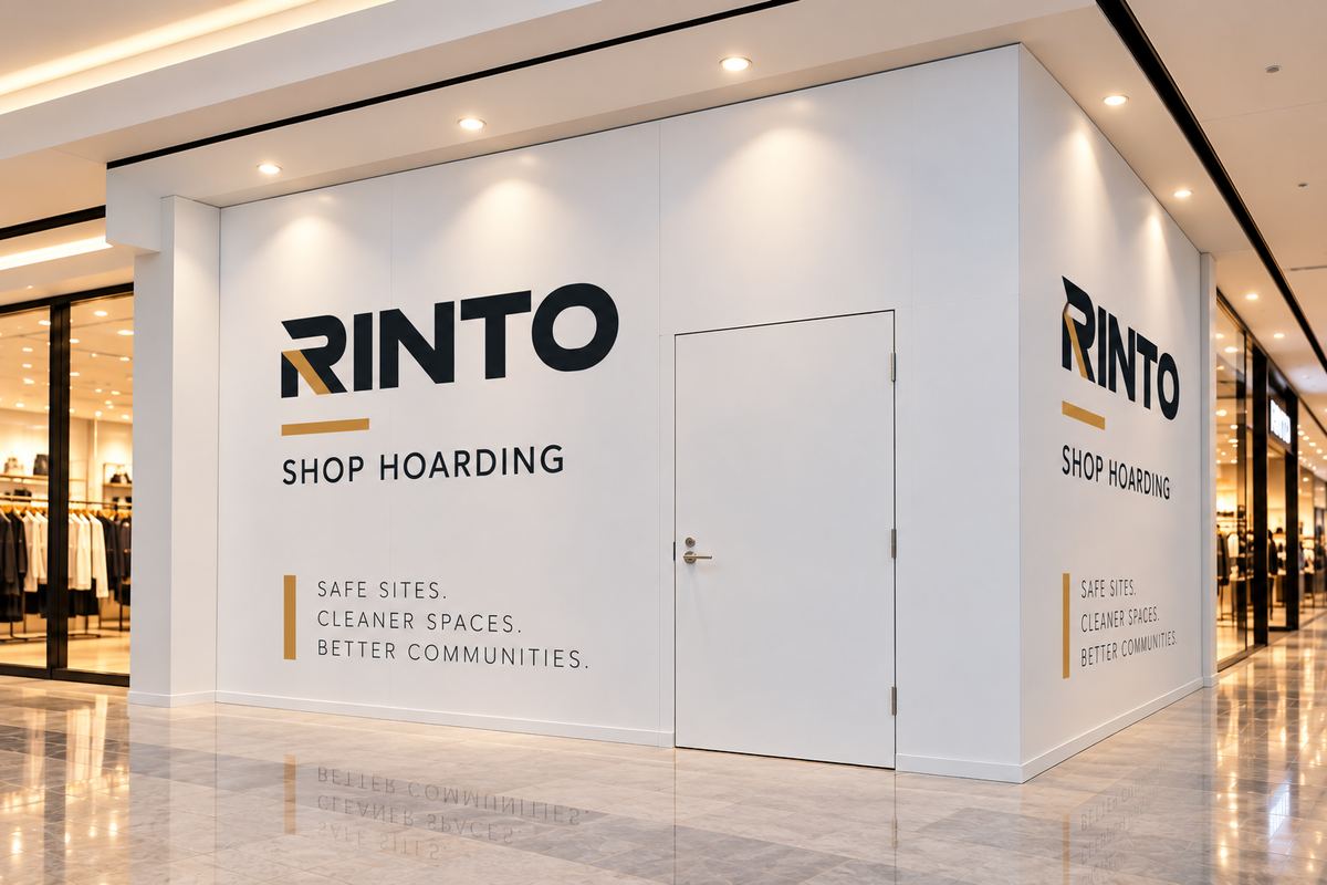 White Rinto shop hoarding with a flush service door